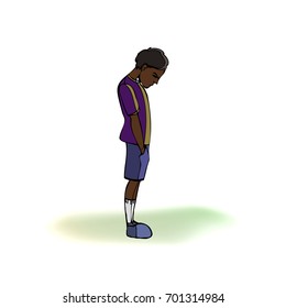 Dark skinned child, boy, teen, teenager standing frustrated. Vector outlined illustration. Colored image, gray background