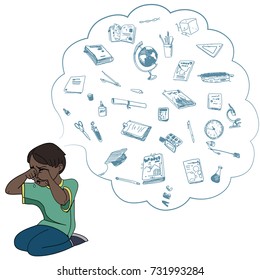 Dark skinned child, boy, teen, teenager crying. Study, studying, learning problems. School objects in a cloud. Vector outlined illustration. Colored image, white background.