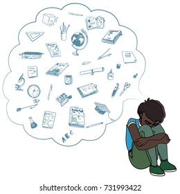 Dark skinned child, boy, teen, teenager sitting frustrated. Study, studying, learning problems. School objects in a cloud. Vector outlined illustration. Colored image, white background.