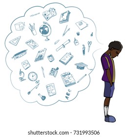 Dark skinned child, boy, teen, teenager standing frustrated. Study, studying, learning problems. School objects in a cloud. Vector outlined illustration. Colored image, white background.