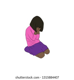 Dark skinned child, girl, teen, teenager sitting crying sad frustrated. Vector flat illustration. Colored outlined image, white background.