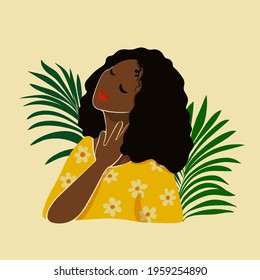 Dark skinned cute afro young woman portrait. Cute girl in yellow dress with flowers closed eyes. Background of palm leaves. Trending boho wall art fashion print poster. Stock vector flat illustration.
