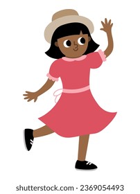 Dark skinned dancing girl in red dress and hat. Vector illustration of woman. Cute character icon isolated on white background
