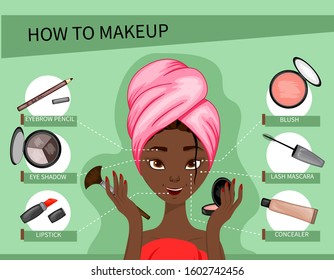 Dark skinned female character with makeup scheme and makeup kit. Cartoon style. Vector illustration