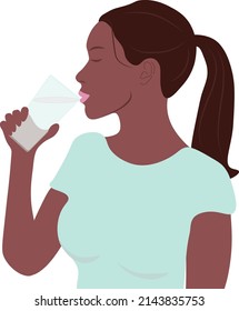 Dark skinned female or girl drinking water vector illustration. Woman in profile thirsty holding a glas. Healthy woman with ponytail drinking water wearing blue t-shirt. Hydration concept