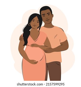 Dark skinned future parents, happy family, child expectation. Vector illustration.