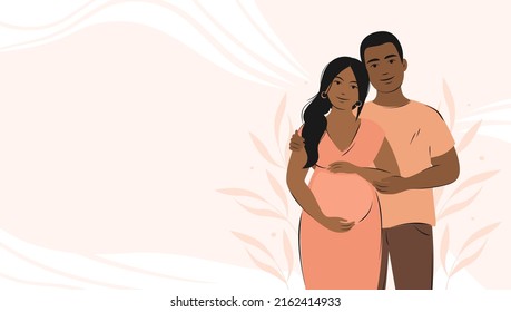 Dark skinned future parents, happy family, child expectation. Banner about pregnancy and breastfeeding with place for text. Vector illustration.