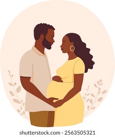 Dark skinned future parents, happy family, pregnant woman, child expectation. Vector illustration.