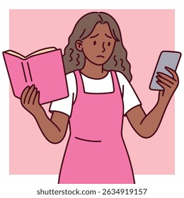 Garota de pele escura segura livro aberto e smartphone ao mesmo tempo, mudando a atenção entre leitura e tela. Conceito de distração, multitarefa e hábitos juvenis baseados na tecnologia