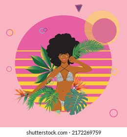 Dark skinned girl in leopard print bikini with tropical leaves and flowers.