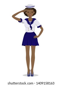 The dark skinned girl in a sailor uniform in full growth. Vector image isolated on white background.