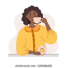A dark skinned girl in a yellow jacket with a cup of coffee. The concept of a coffee shop. Vector illustration flat style
