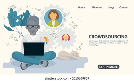 A dark skinned guy sits with a laptop and communicates on the Internet, the concept is crowdsourcing, an illustration in a flat style, for the design of web pages and sites