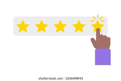 Dark skinned hand clicks on 5 stars app rating. Vector illustration isolated on white background.
People leave feedback and comments. Star Rating, Classification Positive Customer Reviews Feedback Con