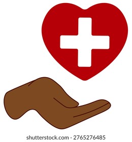 A dark skinned hand held open with a red heart with a medical cross cutout. Symbolizes healthcare access, heart disease awareness, and cardiovascular health risks in diverse communities.