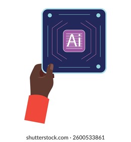 Dark skinned hand holding AI chip. Represents artificial intelligence in human life