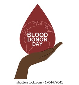 Mano de piel oscura sosteniendo una gota de Sangre Roja con el Planeta Tierra. Afiche De La Ilustración Del Vector Plano De Concepto Sanguíneo Para El Día Mundial De Los Donantes De Sangre. 14 de junio. Aislado sobre fondo blanco. Formato EPS 10