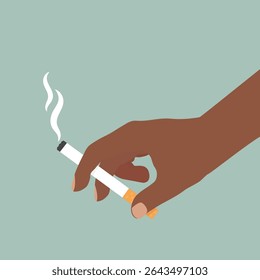 Mão de pele escura segurando um cigarro aceso com fumaça crescente