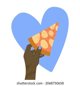 Dark skinned hand holding a slice of pizza against a blue heart. Isolated on white background. Hand holding fast food. Unhealthy lifestyle habits and obesity and poor health concept. Hand-drawn style.