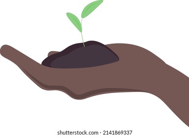 Dark skinned Hand holding sprout vector illustration. Hands holding green plant. Soil in hand, new green life growing, ecology agriculture.