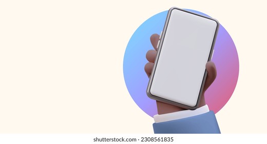 Dark skinned hand holds smartphone. Realistic illustration, banner for social network. Modern form of communication. Time to call. Various phone applications