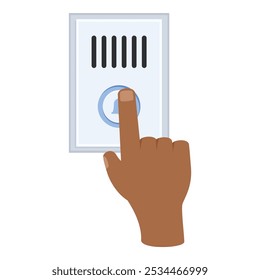 Dark skinned hand with its index finger extended, pressing the button of a doorbell