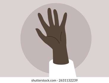 A dark skinned hand waving in a joyful greeting, expressing warmth and friendliness
