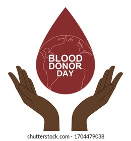 Manos de piel oscura sosteniendo una gota de Sangre Roja con el Planeta Tierra. Afiche De La Ilustración Del Vector Plano De Concepto Sanguíneo Para El Día Mundial De Los Donantes De Sangre. 14 de junio. Aislado sobre fondo blanco. Formato EPS 10