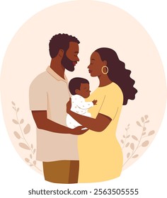 Dark skinned Happy family with newborn. Parents with child. Vector illustration