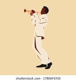 Dark skinned male musician playing trumpet. Flat vector illustration of a man performing solo on stage playing a melody on a trumpet. Professional musician with a trumpet dressed in retro style