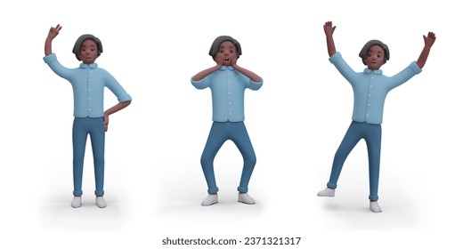 Dark skinned man in different poses. Black male character is happy, surprised, waving. Vector illustration in cartoon style. Isolated images. Guy with emotions