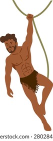 dark skinned man hanging from a thick brown vine