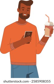 Dark skinned man holding a paper coffee cup and smartphone, depicting modern multitasking, technology in everyday life. For technology and lifestyle designs, symbolizing convenience and connectivity.