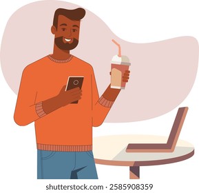 Dark skinned man holding a paper coffee cup and smartphone, depicting modern multitasking, technology in everyday life. For technology and lifestyle designs, symbolizing convenience and connectivity.