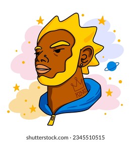 Dark skinned man Portrait. Avatar with nose piercing, earring, crown and king tattoo, sporty attire. Stylish and confident individual or divercity blond boy. Vector flat trendy illustration 