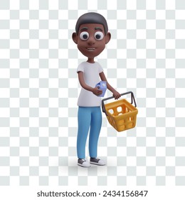 Dark skinned man puts carton of milk in basket. Male character buys cream