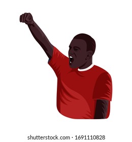 Dark skinned man raised hard clenched fist isolated on white background. Rioter on demonstration vector illustration.