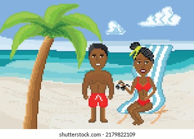 Hombre de piel oscura con pantalones cortos rojos con mujer en bikini rojo, aislado en una playa soleada con palmera. Diseño de arte de píxeles. logotipo de 8 bits para el juego. Ilustración vectorial de caracteres. Pasos 10