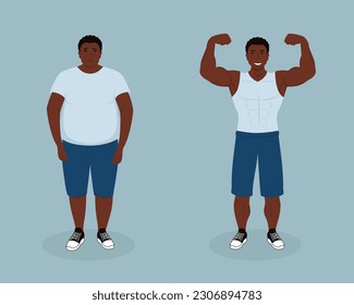 Dark skinned man shows body transformation. Fat guy and athlete. Athlete shows his biceps