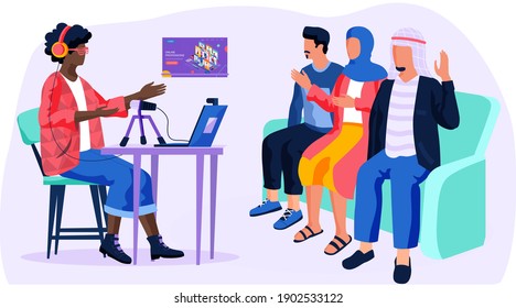 Dark skinned man tells arab people about online professions. A man with headset leads a webinar . Foreign people talk about their work sitting on the couch. Person shares experience with workers