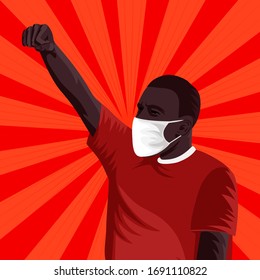 Dark skinned man wearing medical mask raised hard clenched fist vector illustration. Angry rioter on red retro background.