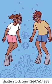 Dark skinned man and woman swim underwater with snorkeling gear, exploring colorful coral reef and enjoying marine life on vacation