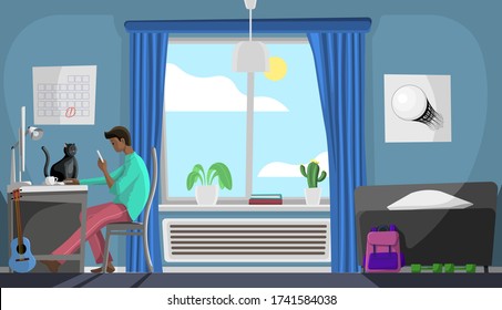 dark skinned man working at home workplace in his room with cat, interior 
 concept vector illustration