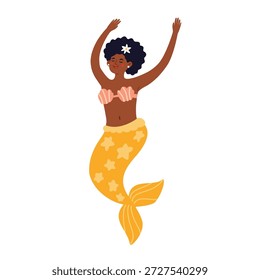 Bailarina De Sirena De Piel Oscura Con Cola De Estrella Y Parte Superior De Concha. Personaje de fantasía tropical