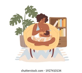 Dark skinned mom breastfeeding her newborn baby. Mother sitting in armchair with child, who suckling breast. Woman feeding infant with breastmilk. Flat vector illustration isolated on white background