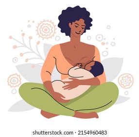 Dark skinned mom breastfeeding her newborn baby. Woman feeding infant with breastmilk. Woman sitting with folded legs on a background of plant motifs. Flat vector isolated on white background.