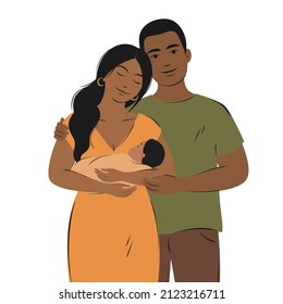 Dark Skinned Parents With Child, Happy Family With Newborn. Vector Illustration.