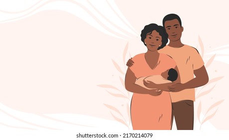 Dark skinned parents with child, woman holding baby in her arms. Banner about pregnancy and breastfeeding with place for text. Happy family with newborn. Vector illustration.