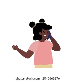 Dark skinned smiling girl kid speaking on mobile phone. Child talking and communication via smartphone with family or friends. Flat cartoon vector illustration isolated on white.