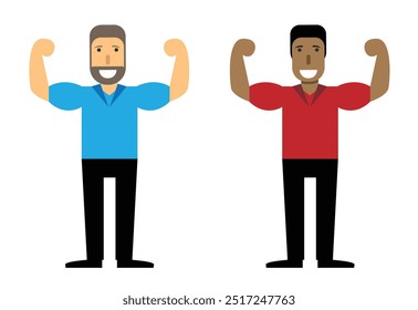 Dark Skinned and White Man Character Showing Muscles Flat Style. Sports characters and muscle building concept vector